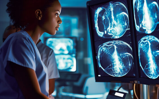 A black female Radiographer examining x-rays